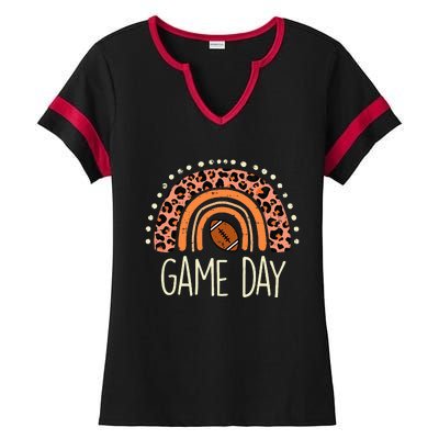 Leopard Rainbow American Football Game Day Sport Ladies Halftime Notch Neck Tee