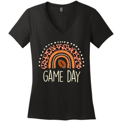 Leopard Rainbow American Football Game Day Sport Women's V-Neck T-Shirt