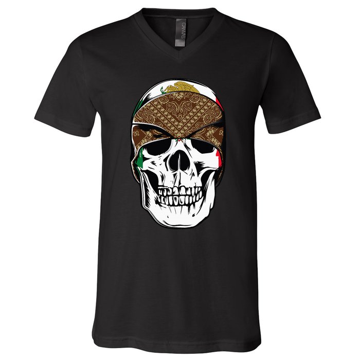 Low Rider Art Brown Bandana Aztec Skull Chicano Pride La Og V-Neck T-Shirt