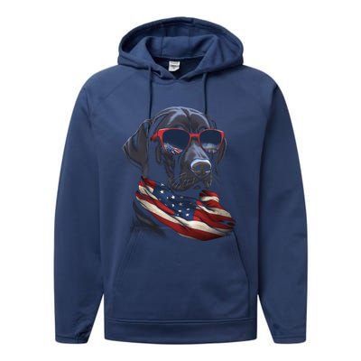 Labrador Retriever American Flag USA Tee 4th July Gifts Performance Fleece Hoodie