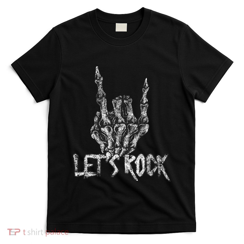 Lets Rock Band Rock And Roll Halloween Skeleton Hand T-Shirt