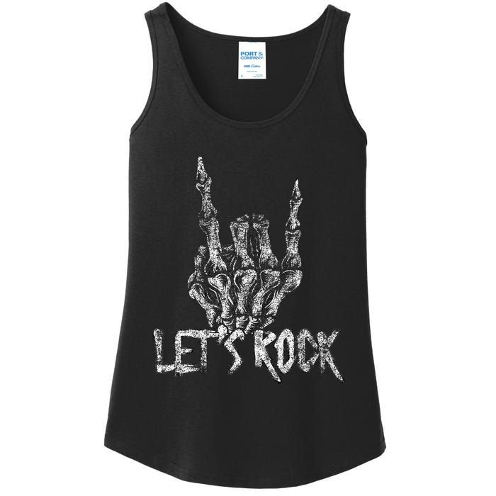 Lets Rock Band Rock And Roll Halloween Skeleton Hand Ladies Essential Tank