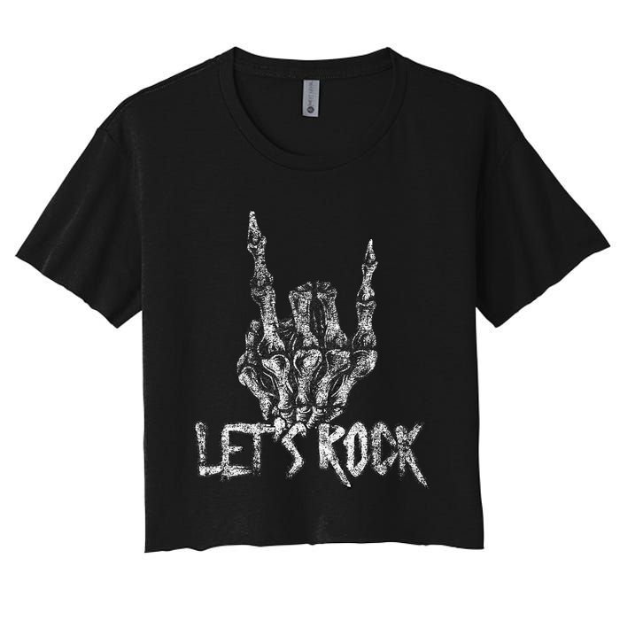 Lets Rock Band Rock And Roll Halloween Skeleton Hand Women's Crop Top Tee