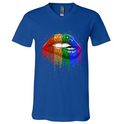 Lgbt Rainbow Bling Vintage Lips Pride Gay Bisexual Lesbian Gift V-Neck T-Shirt