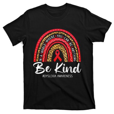 Leopard Rainbow Be Kind Red Ribbon Dyslexia Awareness T-Shirt