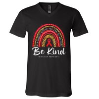 Leopard Rainbow Be Kind Red Ribbon Dyslexia Awareness V-Neck T-Shirt