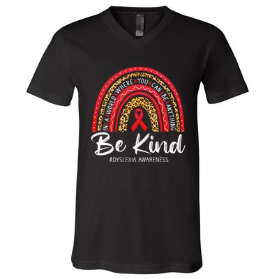 Leopard Rainbow Be Kind Red Ribbon Dyslexia Awareness V-Neck T-Shirt