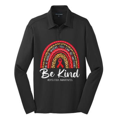 Leopard Rainbow Be Kind Red Ribbon Dyslexia Awareness Silk Touch Performance Long Sleeve Polo