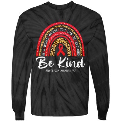 Leopard Rainbow Be Kind Red Ribbon Dyslexia Awareness Tie-Dye Long Sleeve Shirt