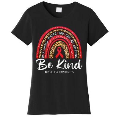 Leopard Rainbow Be Kind Red Ribbon Dyslexia Awareness Women's T-Shirt