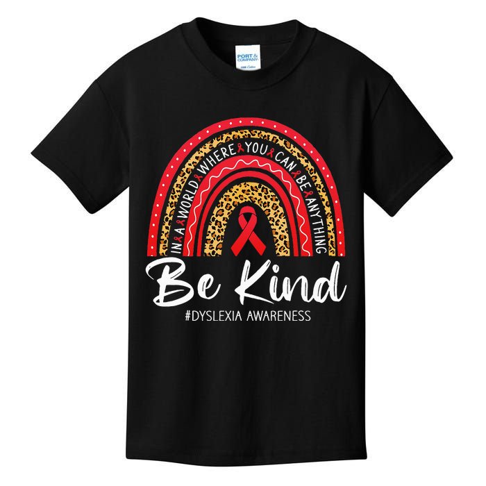 Leopard Rainbow Be Kind Red Ribbon Dyslexia Awareness Kids T-Shirt