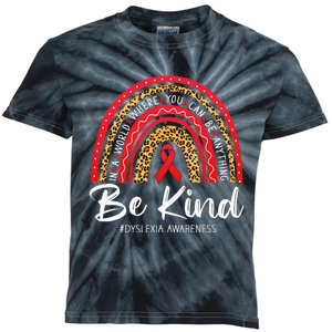 Leopard Rainbow Be Kind Red Ribbon Dyslexia Awareness Kids Tie-Dye T-Shirt