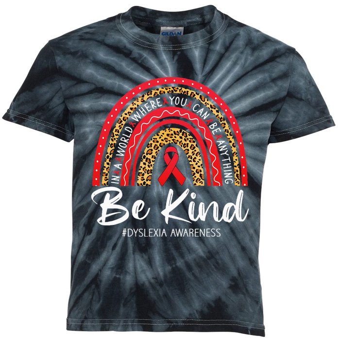 Leopard Rainbow Be Kind Red Ribbon Dyslexia Awareness Kids Tie-Dye T-Shirt