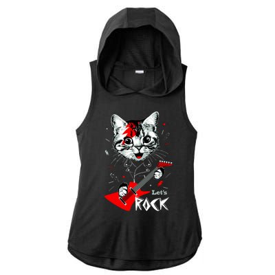 Lets Rock Cat Rock Band Guitar Rock And Roll Ladies PosiCharge Tri-Blend Wicking Draft Hoodie Tank