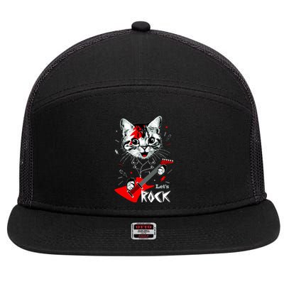 Lets Rock Cat Rock Band Guitar Rock And Roll 7 Panel Mesh Trucker Snapback Hat