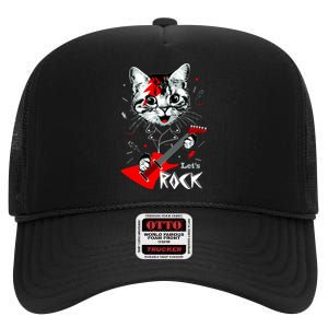 Lets Rock Cat Rock Band Guitar Rock And Roll High Crown Mesh Back Trucker Hat