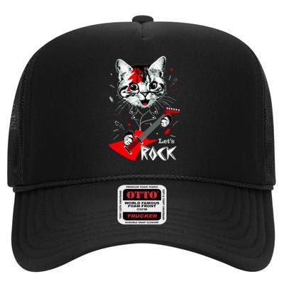 Lets Rock Cat Rock Band Guitar Rock And Roll High Crown Mesh Back Trucker Hat