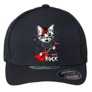 Lets Rock Cat Rock Band Guitar Rock And Roll Flexfit Unipanel Trucker Cap