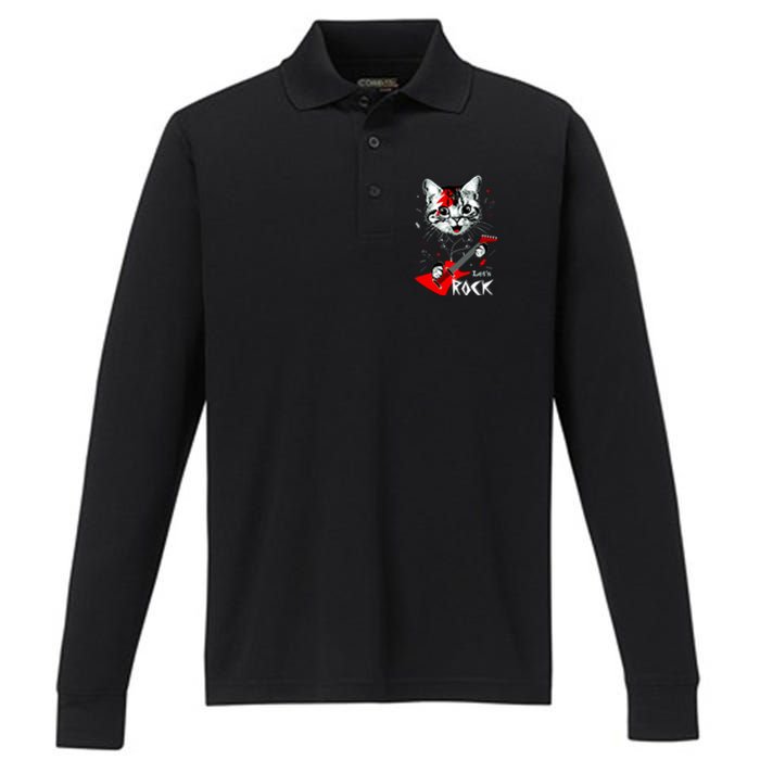 Lets Rock Cat Rock Band Guitar Rock And Roll Performance Long Sleeve Polo