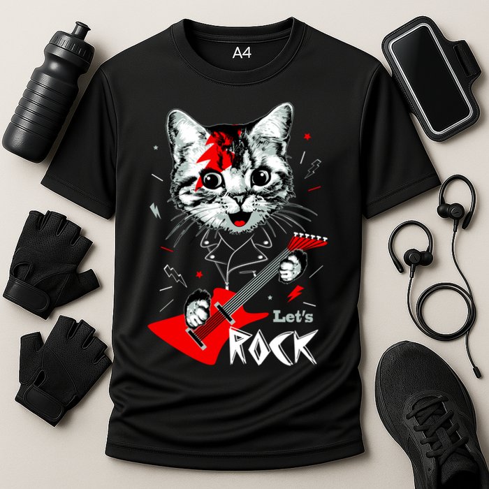 Lets Rock Cat Rock Band Guitar Rock And Roll Cooling Performance Crew T-Shirt