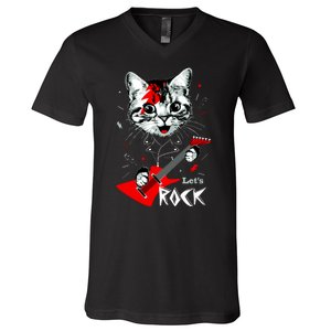 Lets Rock Cat Rock Band Guitar Rock And Roll V-Neck T-Shirt