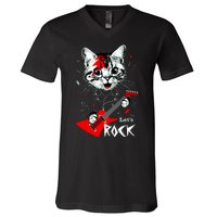 Lets Rock Cat Rock Band Guitar Rock And Roll V-Neck T-Shirt