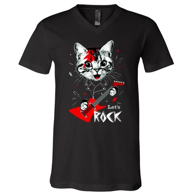 Lets Rock Cat Rock Band Guitar Rock And Roll V-Neck T-Shirt