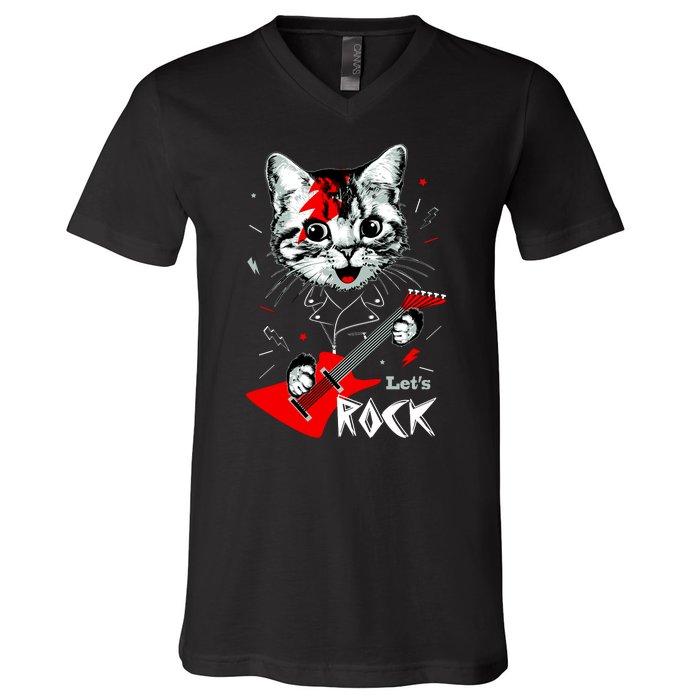 Lets Rock Cat Rock Band Guitar Rock And Roll V-Neck T-Shirt