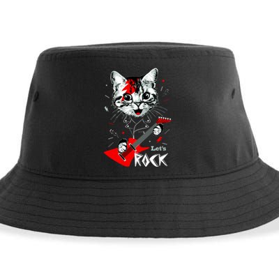 Lets Rock Cat Rock Band Guitar Rock And Roll Sustainable Bucket Hat