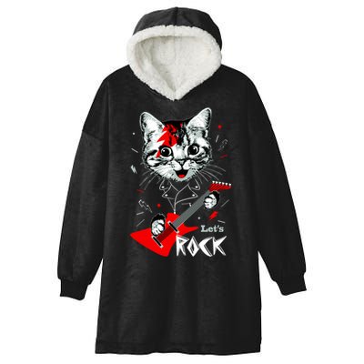 Lets Rock Cat Rock Band Guitar Rock And Roll Hooded Wearable Blanket