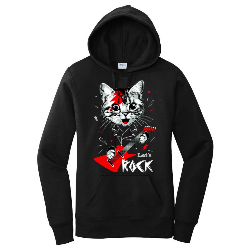 Lets Rock Cat Rock Band Guitar Rock And Roll Women's Pullover Hoodie