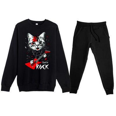 Lets Rock Cat Rock Band Guitar Rock And Roll Premium Crewneck Sweatsuit Set