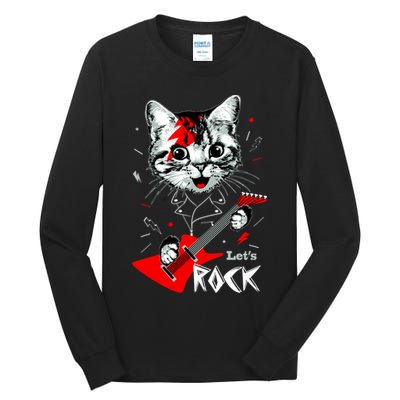 Lets Rock Cat Rock Band Guitar Rock And Roll Tall Long Sleeve T-Shirt