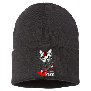 Lets Rock Cat Rock Band Guitar Rock And Roll Sustainable Knit Beanie