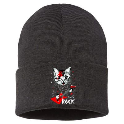 Lets Rock Cat Rock Band Guitar Rock And Roll Sustainable Knit Beanie