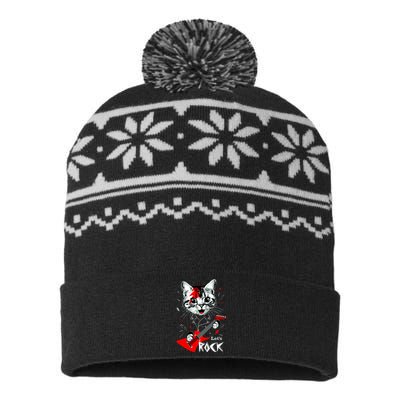 Lets Rock Cat Rock Band Guitar Rock And Roll USA-Made Snowflake Beanie