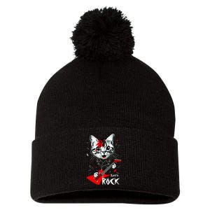 Lets Rock Cat Rock Band Guitar Rock And Roll Pom Pom 12in Knit Beanie