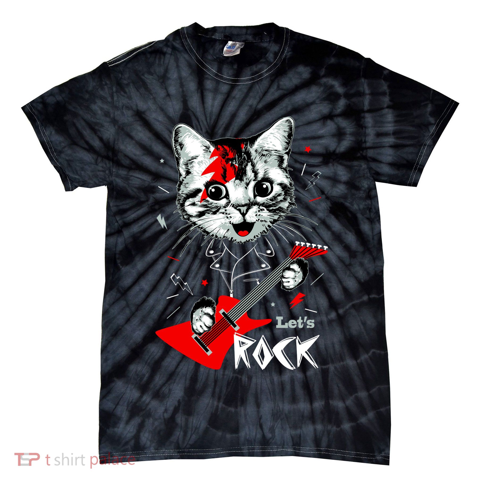 Lets Rock Cat Rock Band Guitar Rock And Roll Tie-Dye T-Shirt