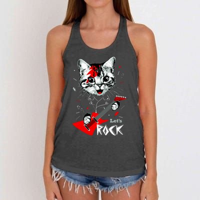 Lets Rock Cat Rock Band Guitar Rock And Roll Women's Knotted Racerback Tank