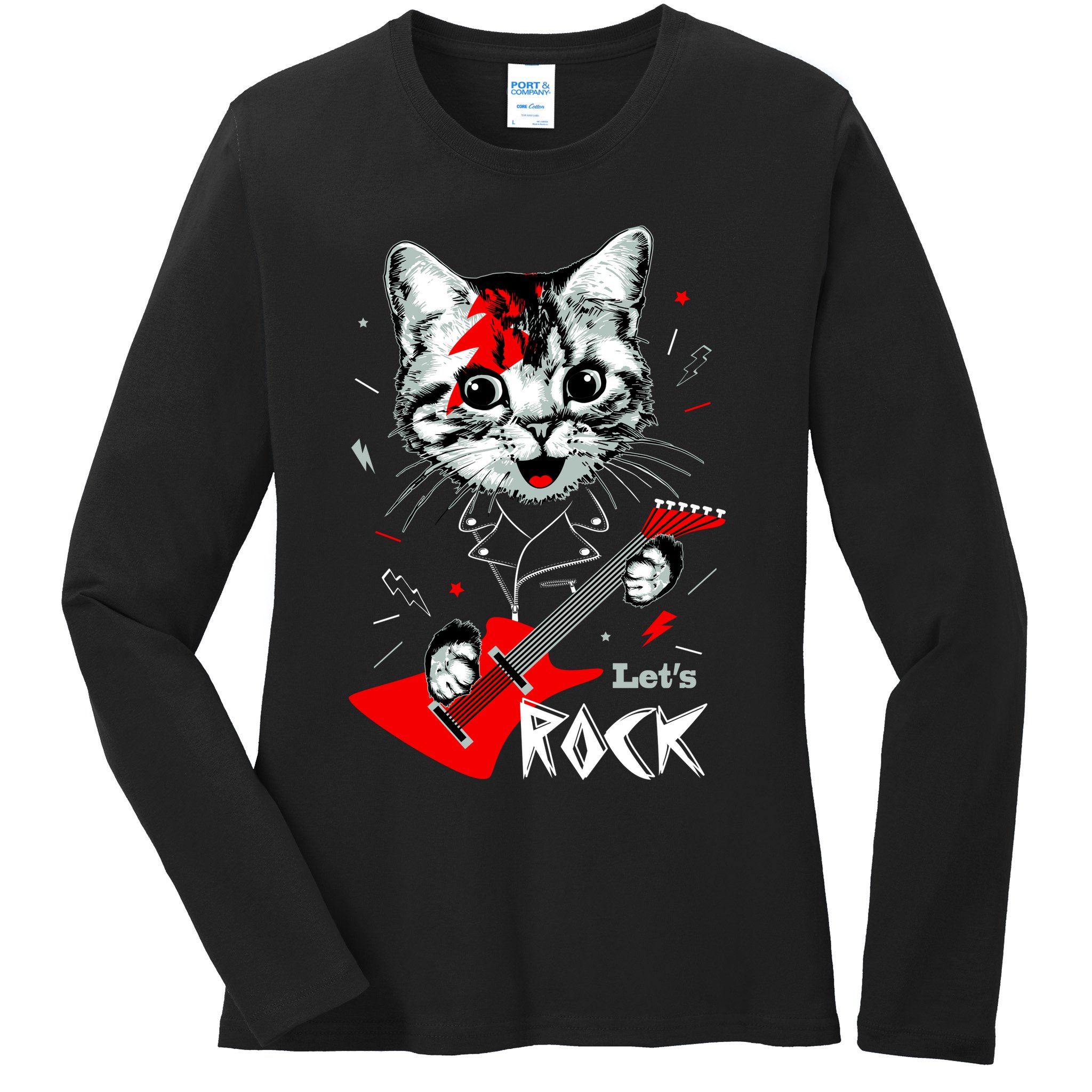 Lets Rock Cat Rock Band Guitar Rock And Roll Ladies Long Sleeve Shirt