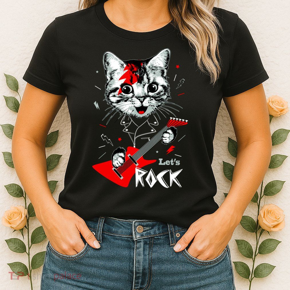 Lets Rock Cat Rock Band Guitar Rock And Roll Womens T-Shirt