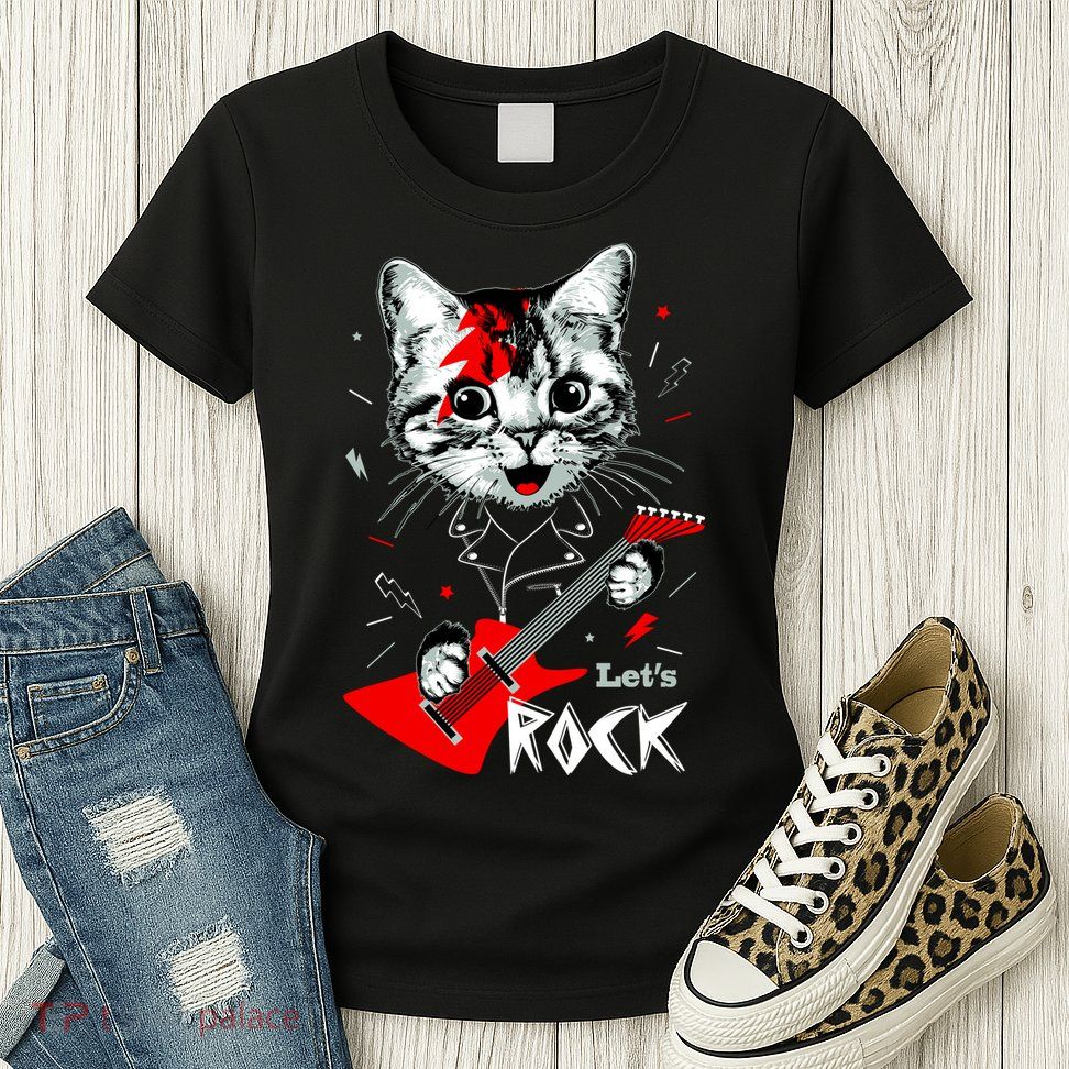 Lets Rock Cat Rock Band Guitar Rock And Roll Womens T-Shirt