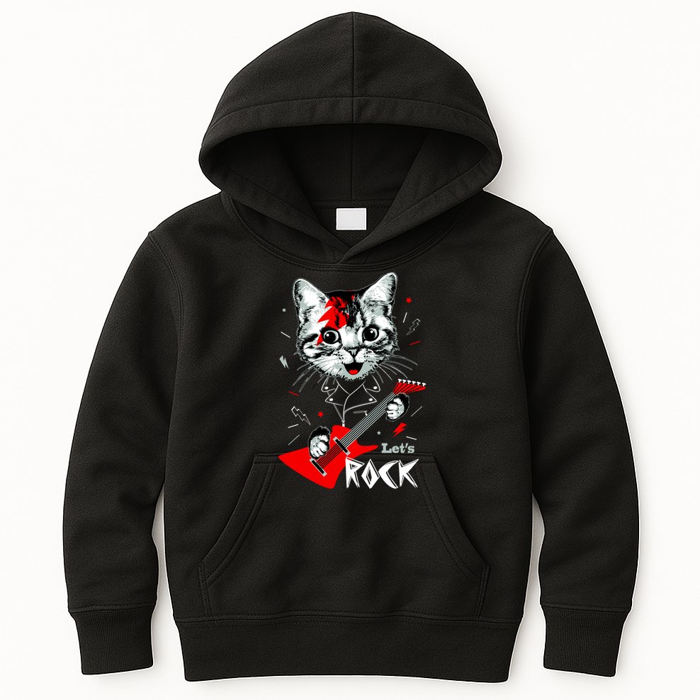 Lets Rock Cat Rock Band Guitar Rock And Roll Kids Hoodie
