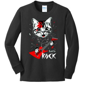 Lets Rock Cat Rock Band Guitar Rock And Roll Kids Long Sleeve Shirt