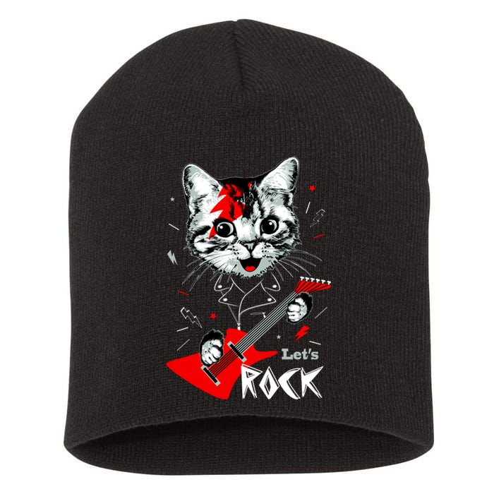 Lets Rock Cat Rock Band Guitar Rock And Roll Short Acrylic Beanie