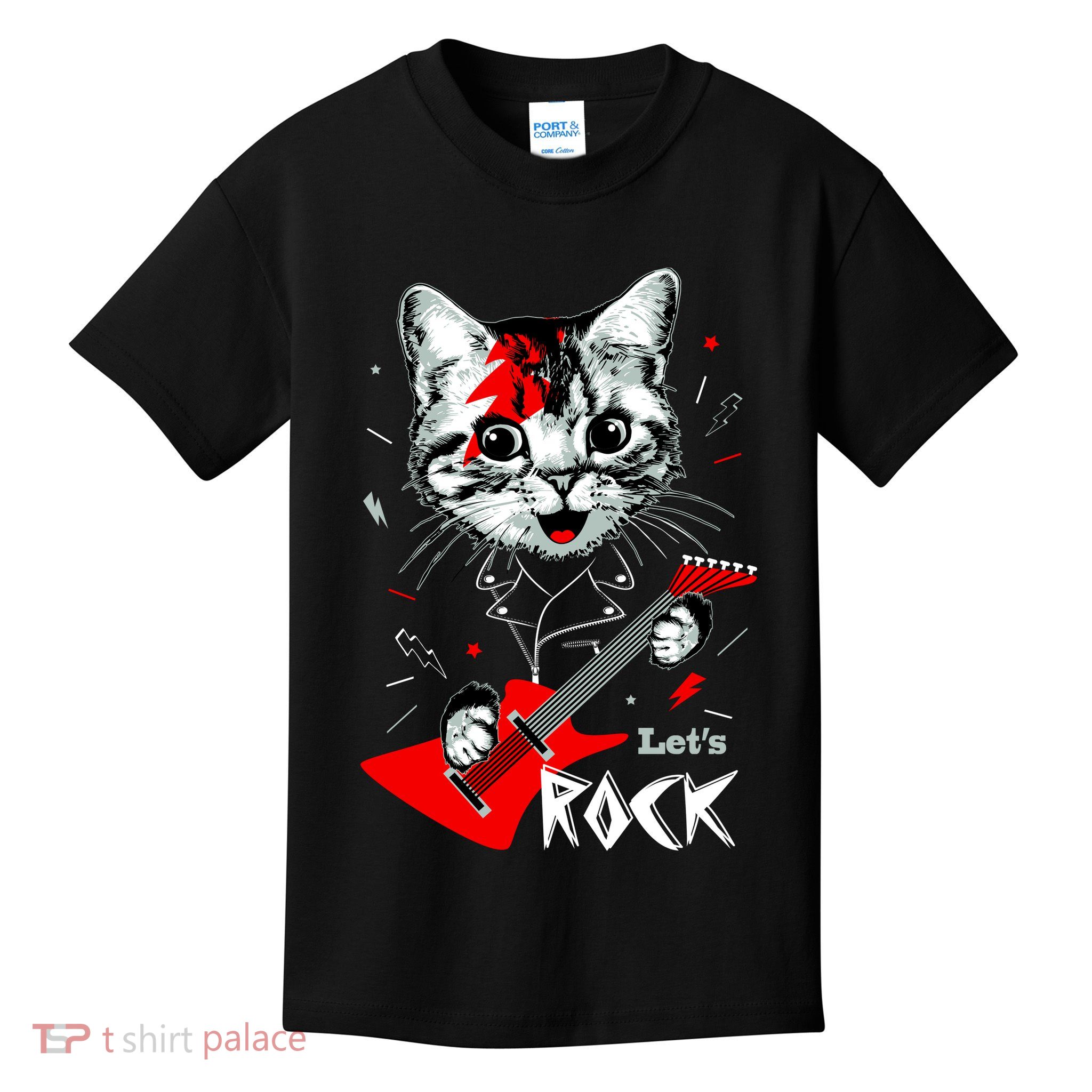 Lets Rock Cat Rock Band Guitar Rock And Roll Kids T-Shirt