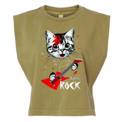 Lets Rock Cat Rock Band Guitar Rock And Roll Garment-Dyed Women's Muscle Tee