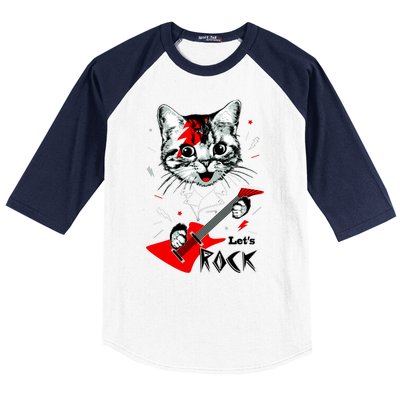 Lets Rock Cat Rock Band Guitar Rock And Roll Baseball Sleeve Shirt