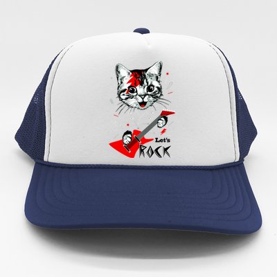 Lets Rock Cat Rock Band Guitar Rock And Roll Trucker Hat