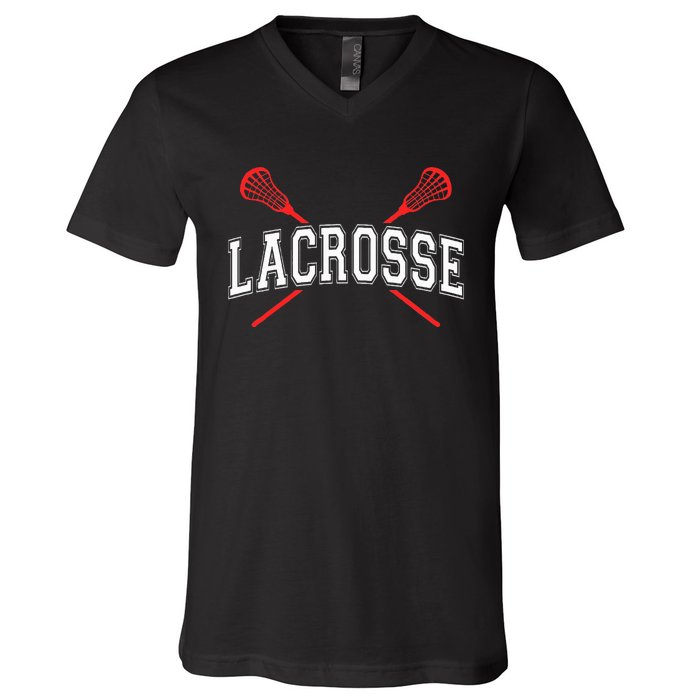 Lacrosse Red Crossed Sticks V-Neck T-Shirt